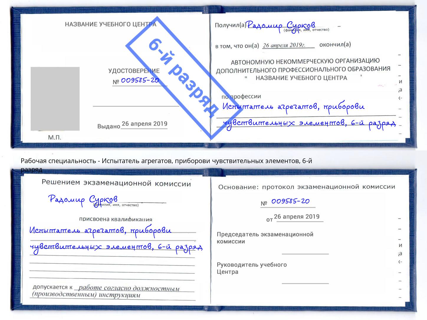 корочка 6-й разряд Испытатель агрегатов, приборови чувствительных элементов Зеленогорск