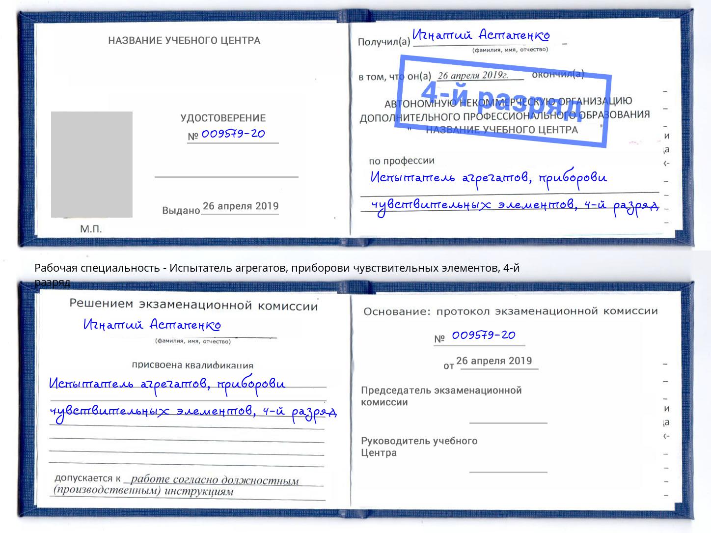 корочка 4-й разряд Испытатель агрегатов, приборови чувствительных элементов Зеленогорск