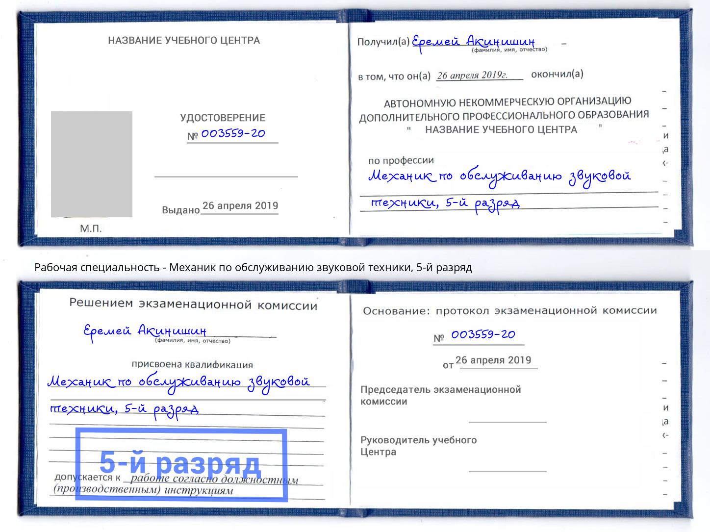 корочка 5-й разряд Механик по обслуживанию звуковой техники Зеленогорск