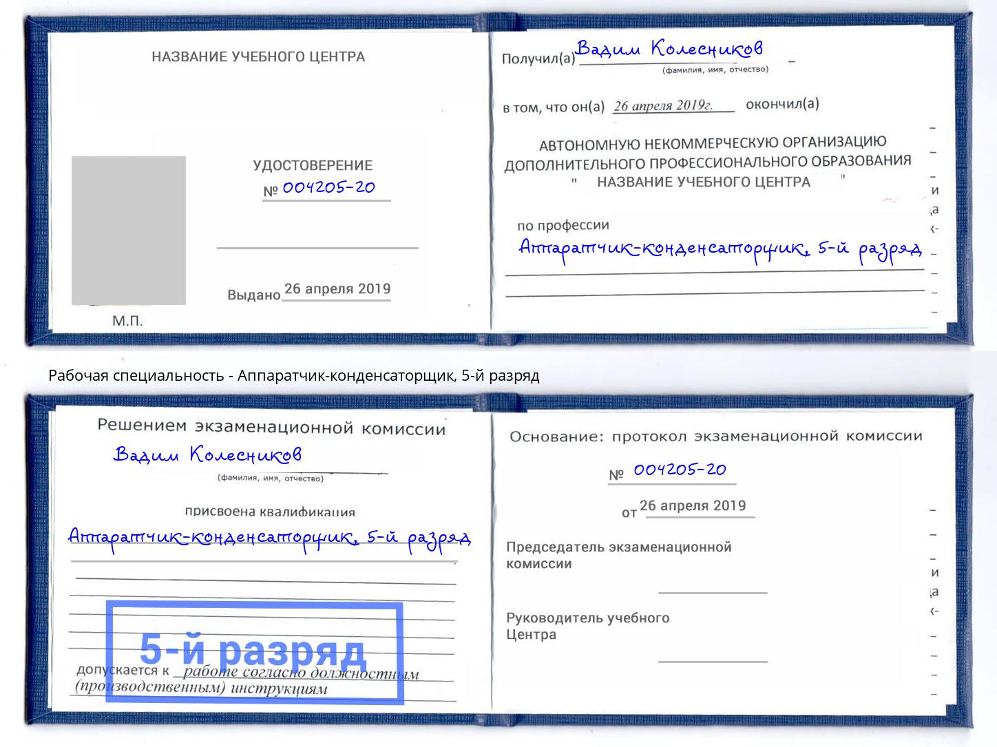 корочка 5-й разряд Аппаратчик-конденсаторщик Зеленогорск