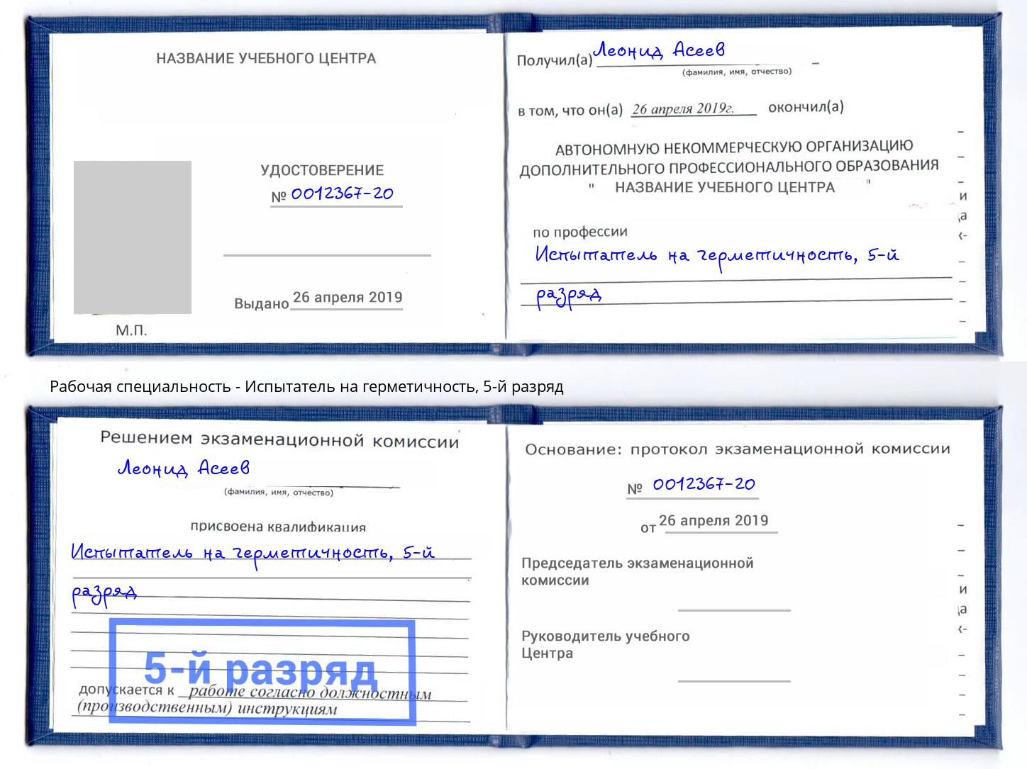 корочка 5-й разряд Испытатель на герметичность Зеленогорск
