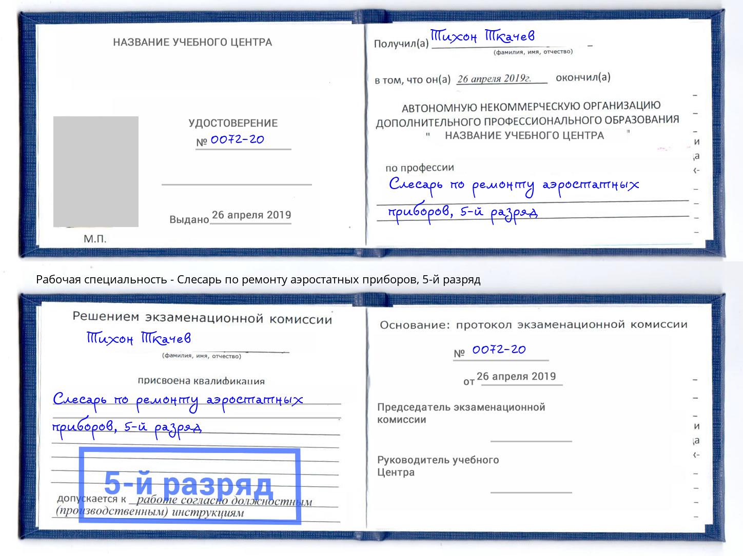 корочка 5-й разряд Слесарь по ремонту аэростатных приборов Зеленогорск